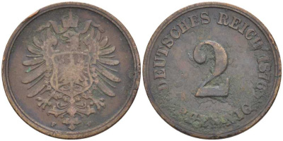 ГЕРМАНИЯ 2 ПФЕННИГА 1876 F, СТАРОГЕРБОВКА KM 2, J. 2 медь 175-242