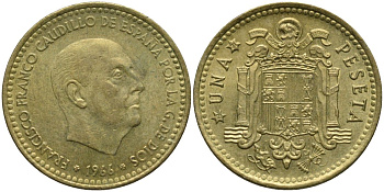 Испания 1 песета 1966 (71) Франсиско Франко (1939-1975) KM 796 алюминиевая бронза 4171-447