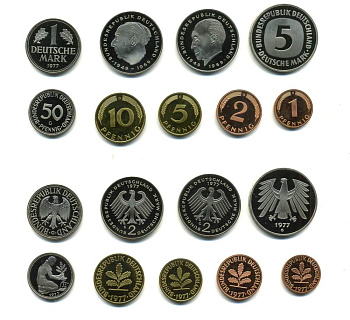 ФРГ набор из 9 монет 1977 G (1, 2, 5, 10, 50 пфеннигов, 1, 2, 2, 5 марок) PROOF N5-24