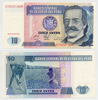 Перу 10 инти 1987 Рикардо Пальма, писатель, ученый, библиотекарь Pick 129 бумага UNC (пресс) 6266-30-3-2