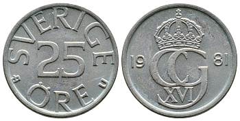 Швеция 25 эре 1981 U Карл XVI Густав (1973- ) KM 851 медно-никель 176-647