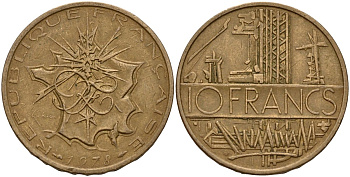 Франция 10 франков 1978 тип Матье KM 940, Le Franc 365.11-12 никель латунь 4159-715