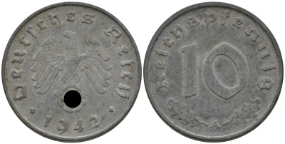 ГЕРМАНИЯ 10 РЕЙХСПФЕННИГОВ 1942 A J. 371, KM 101 цинк 75-245