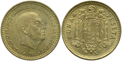 Испания 1 песета 1966 (71) Франсиско Франко (1939-1975) KM 796 алюминиевая бронза 4171-447