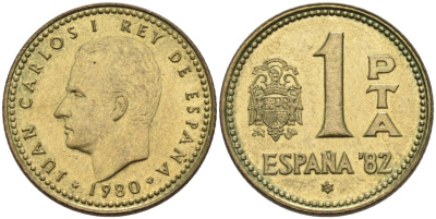 Испания 1 песета 1980 (82) чемпионат мира по футболу в Испании KM 816 алюминиевая бронза 4573-925