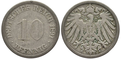 ГЕРМАНИЯ 10 ПФЕННИГОВ 1891 D KM 12, Jager 13, Weege 8 медно-никель 4513-647