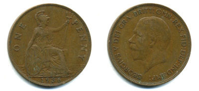 Великобритания 1 пенни 1936 Георг V (1910-1936) KM 838, Spink 4055 бронза 41-1251