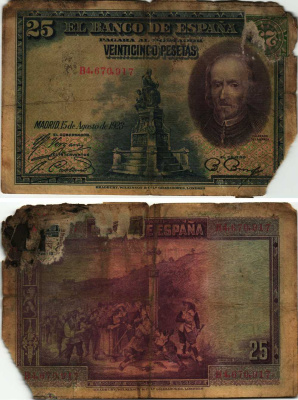 Испания 25 песет 1928 Мадрид, 15 августа 1928, Педро Кальдерон де ля Барка, серия В4670917, республиканский выпуск Pick 74b бумага 8608-18-3-1