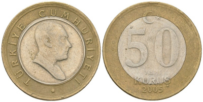 Турция 50 новых курушей 2005 KM 1168 биметалл 4610-1121