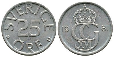 Швеция 25 эре 1981 U Карл XVI Густав (1973- ) KM 851 медно-никель 176-647
