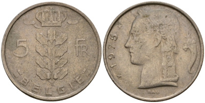 Бельгия 5 франков 1975 Belgie, Бодуэн I (1951-1993) KM 135.1 медно-никель 4395-345
