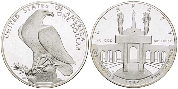США 1 доллар 1984 XXII Олимпийские игры в Лос-Анжелесе, стадион, S KM 210 серебро PROOF 02-109-43