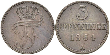 Мекленбург-Шверин 3 пфеннига 1864 А, Фридрих Франц II (1842-1883) Jaeger 56, AKS 48, KM 310 (C101a) медь 4448-1253