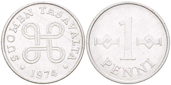 Финляндия 1 пенни 1974 KM 44а алюминий 4519-556