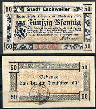 Германия, Эшвайлер 50 пфеннигов 1918 нотгельд, 1.11.1918 бумага UNC (пресс) 8614-46-1-2