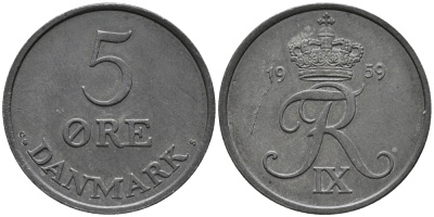 ДАНИЯ 5 ЭРЕ 1959 C; S, ФРЕДЕРИК IX (1947-1972) KM 843.2 цинк UNC 67-156