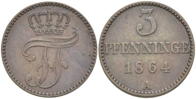 Мекленбург-Шверин 3 пфеннига 1864 А, Фридрих Франц II (1842-1883) Jaeger 56, AKS 48, KM 310 (C101a) медь 4448-1253