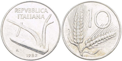 ИТАЛИЯ 10 ЛИР 1982 R, КОЛОСЬЯ, ПЛУГ KM 93 алюминий 4513-1213