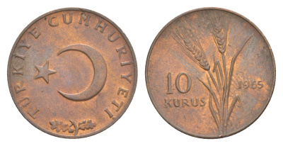 Турция 10 курушей 1965 KM 891.1 бронза UNC 4647-555