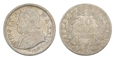 Папская Область 10 сольдо 1868 R, Пий IX (1846-1878) KM 1386 серебро 1520-813