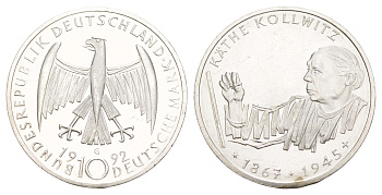 ФРГ 10 марок 1992 G, 125 лет со дня рождения Кете Кольвиц KM 178 серебро UNC 4634-1011