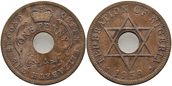 Нигерия 1 пенни 1959 Елизавета II (1952-), Британский протекторат KM 2 бронза 51-241