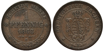 Саксония 1 пфенниг 1868 В, Йоханн (1854-1873) KM 1216 медь 413-6041