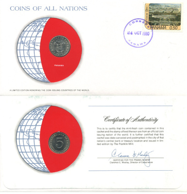 Панама 5 сентесимо 1975 конверт с маркой первого дня гашения, Coins of Nations KM 23.2 медно-никель UNC 4294-61-1