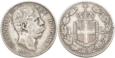 Италия 2 лиры 1884 R, Умберто I (1878-1900), монетный двор Рим KM 23 серебро 55-131