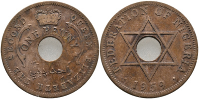 Нигерия 1 пенни 1959 Елизавета II (1952-), Британский протекторат KM 2 бронза 51-241