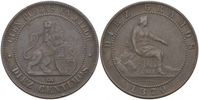 Испания 10 сентимо 1870 ОМ, лев со щитом KM 663 (Y54) медь 69-1014