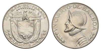 Панама 1/4 бальбоа (25 сентесимо) 1966 KM 11.2a медь плакированная медно-никелем aUNC 4642-627