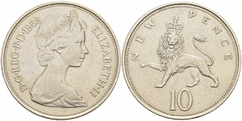 Великобритания 10 пенсов 1968 Елизавета II (1952-2022) KM 912, Spink 4231 (F1) медно-никель 4403-726