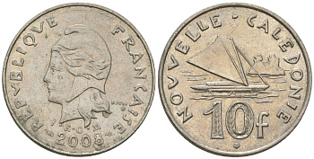 Французская Новая Каледония 10 франков 2008 рыбачья парусная лодка, (IEOM) KM 11a, Schoen 13a, Lec 99k медно-никель 60-723