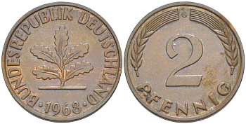 ФРГ 2 пфеннига 1968 G KM 106a, J.381a сталь плакированная медью 4181-755