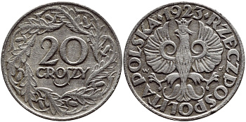 ПОЛЬША 20 ГРОШЕЙ 1923 KM 12 никель 26-759