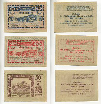 АВСТРИЯ НАБОР ИЗ 3 БАНКНОТ 1920 2 АПРЕЛЯ 1920- 31 ДЕКАБРЯ 1920, НОТГЕЛЬД, 10, 20, 50 ГЕЛЛЕРОВ, MAUTERN am der DONAU бумага XF 6317-42-1