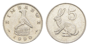 Зимбабве 5 центов 1990 рыжий кролик KM 2 медно-никель aUNC 4651-857