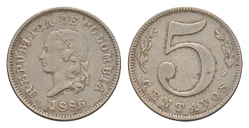 Колумбия 5 сентаво 1886 KM 184 медно-никель 4655-619