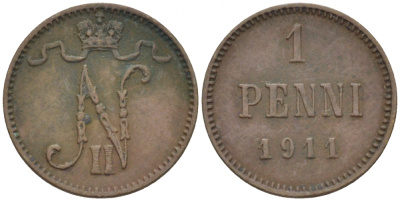 Россия для Финляндии 1 пенни 1911 Николай II (1894-1917) KM 13, Биткин 471 медь 4396-1343