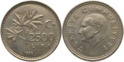 ТУРЦИЯ 2500 ЛИР 1992 АТАТЮРК KM 1015 никель бронза 111-525
