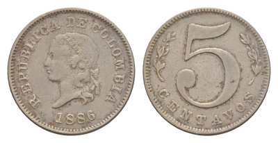 Колумбия 5 сентаво 1886 KM 184 медно-никель 4655-619