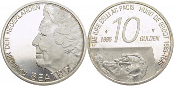 Нидерланды 10 гульденов 1995 300 лет со дня смерти Хьюго Грута, королева Беатрикс KM 220 серебро 3896-1223