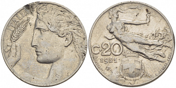 Италия 20 чентезимо 1921 R, Виктор Эммануил III (1900-1946) KM 44 никель 77-845