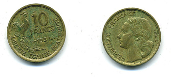 ФРАНЦИЯ 10 ФРАНКОВ 1957 KM 915.1, LE FRANC 363.13 алюминиевая бронза 84-814