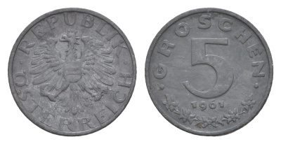 Австрия 5 грошей 1961 KM 2875 цинк aUNC 4567-329