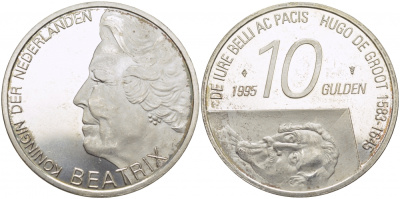 Нидерланды 10 гульденов 1995 300 лет со дня смерти Хьюго Грута, королева Беатрикс KM 220 серебро 3896-1223