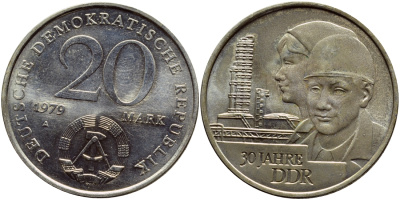 ГДР 20 марок 1979 A, 30 лет образования ГДР J. 1573, KM 75 медь никель цинк UNC 4389-241