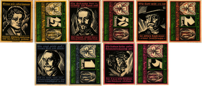 ГЕНТИН НАБОР ИЗ 5 БАНКНОТ, 25, 50 ПФЕННИГОВ, 1, 2, 5 МАРОК 1921 НОТГЕЛЬД, 1 ИЮЛЯ 1921, ЗЕМЛЯ САКСОНИЯ-АНХАЛЬТ, ПОЛНЫЙ КОМПЛЕКТ Grabowski 419.2 бумага 6318-39-3-2