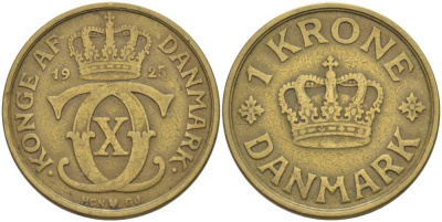 ДАНИЯ 1 КРОНА 1925 HCN; GJ, КРИСТИАН X (1912-1947) KM 824.1 алюминиевая бронза 38-424